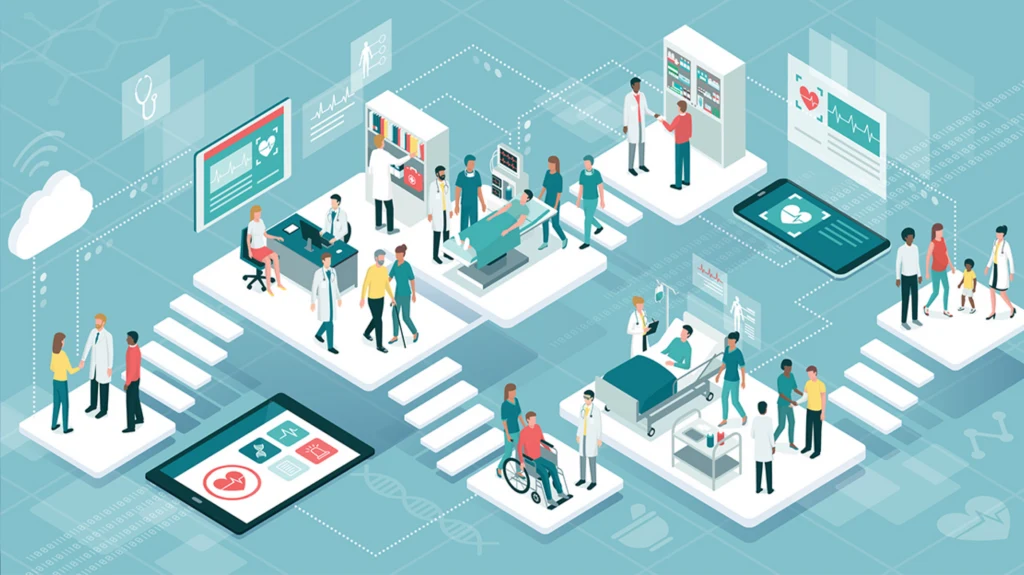 Isometric view of people interacting in a hospital, highlighting the integration of medical systems in web and app services