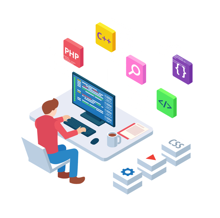 A man at a desk with a computer, showcasing website development and website design services in Jaipur through various icons.