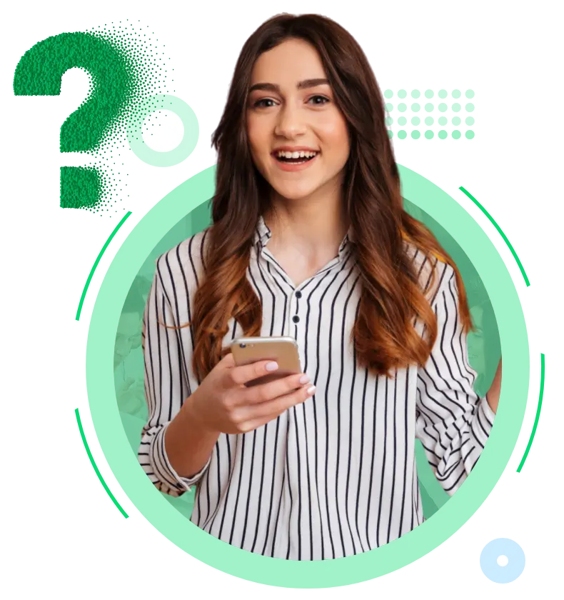 hinting at innovative app development services , A smiling woman with long brown hair holds a smartphone featuring the Dinoustech logo. She is wearing a striped shirt and is surrounded by a graphic design with green circles and a question mark .