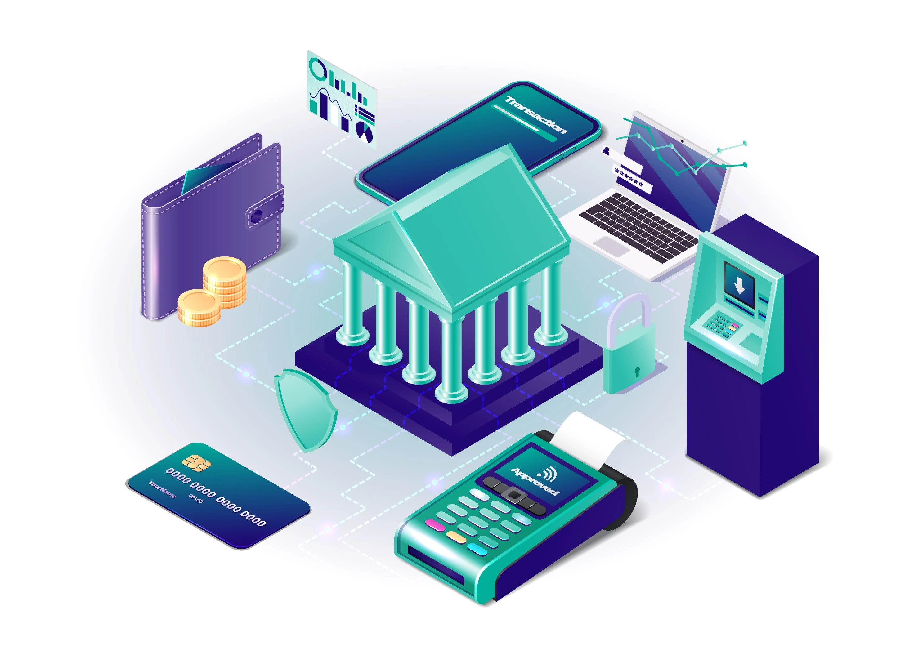 Isometric view of people interacting in a hospital, highlighting the integration of medical systems in web and app services