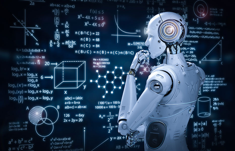 Robot in front of a computer screen displaying intricate formulas, highlighting responsive design in fullstack development.