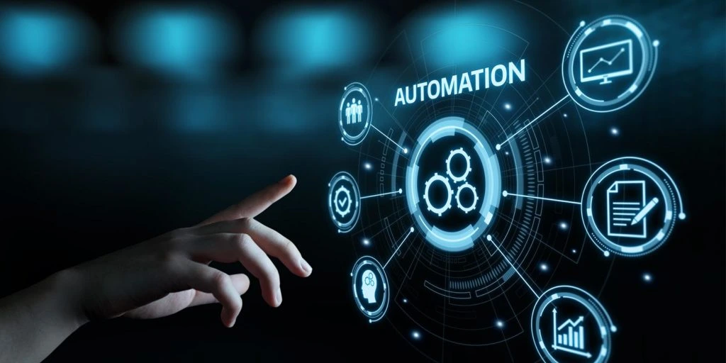 Visual representation of automation as the key to future business success, featuring robotic arms and digital interfaces.